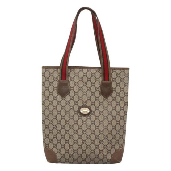 GUCCI GG Plus Supreme Web Sherry Line Tote Bag PVC Beige Red Auth bs26416 - Picture 2 of 16